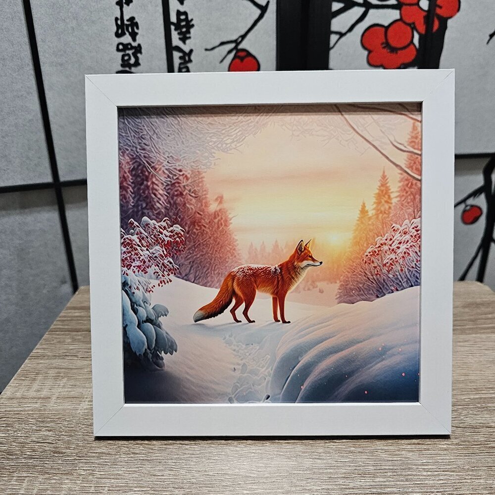 8x8 Framed Fox Winter Landscape Trees Watercolor Oil Painting Print - Picture 1 of 6